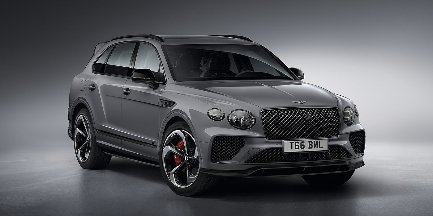 Bentley Hangzhou - Gongshu Bentley Bentayga S in Cambrian Grey paint front three - quarter view with dark chrome matrix grille and featuring elliptical LED matrix headlights. 