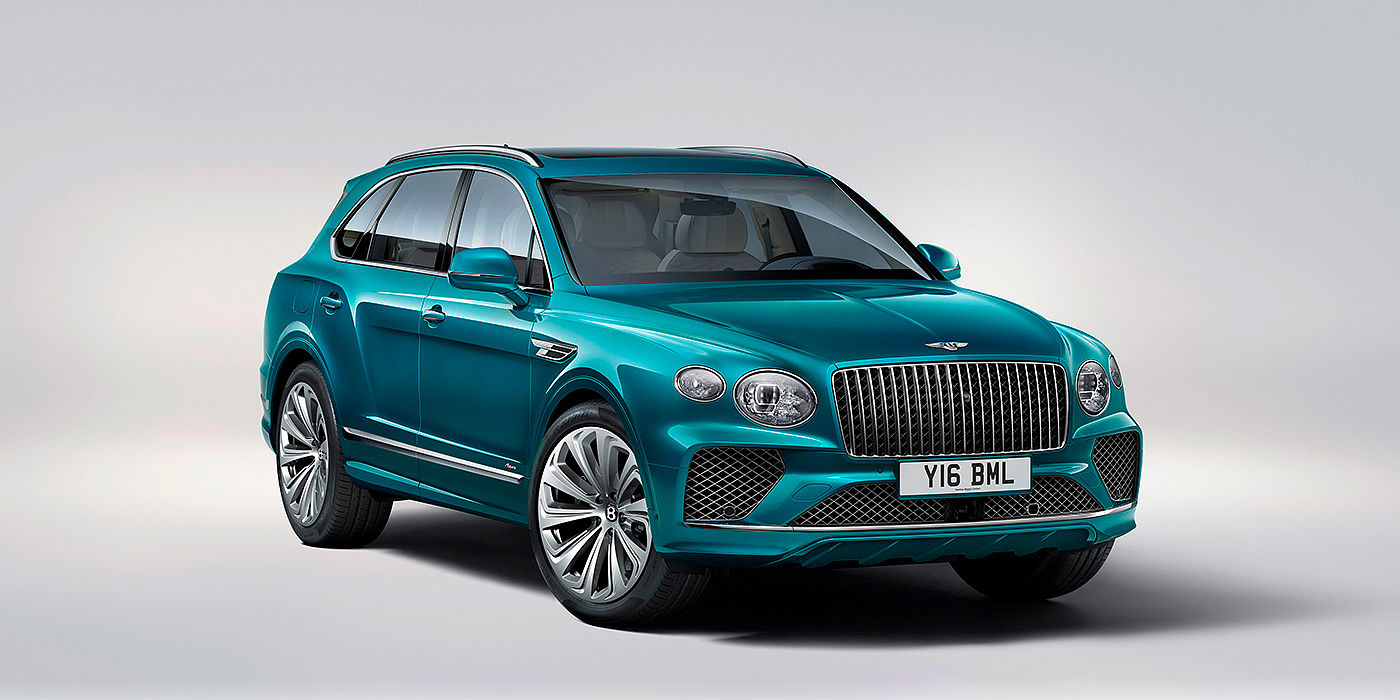 Bentley Hangzhou - Gongshu Bentley Bentayga Azure front three-quarter view, featuring a fluted chrome grille with a matrix lower grille and chrome accents in Topaz blue paint.