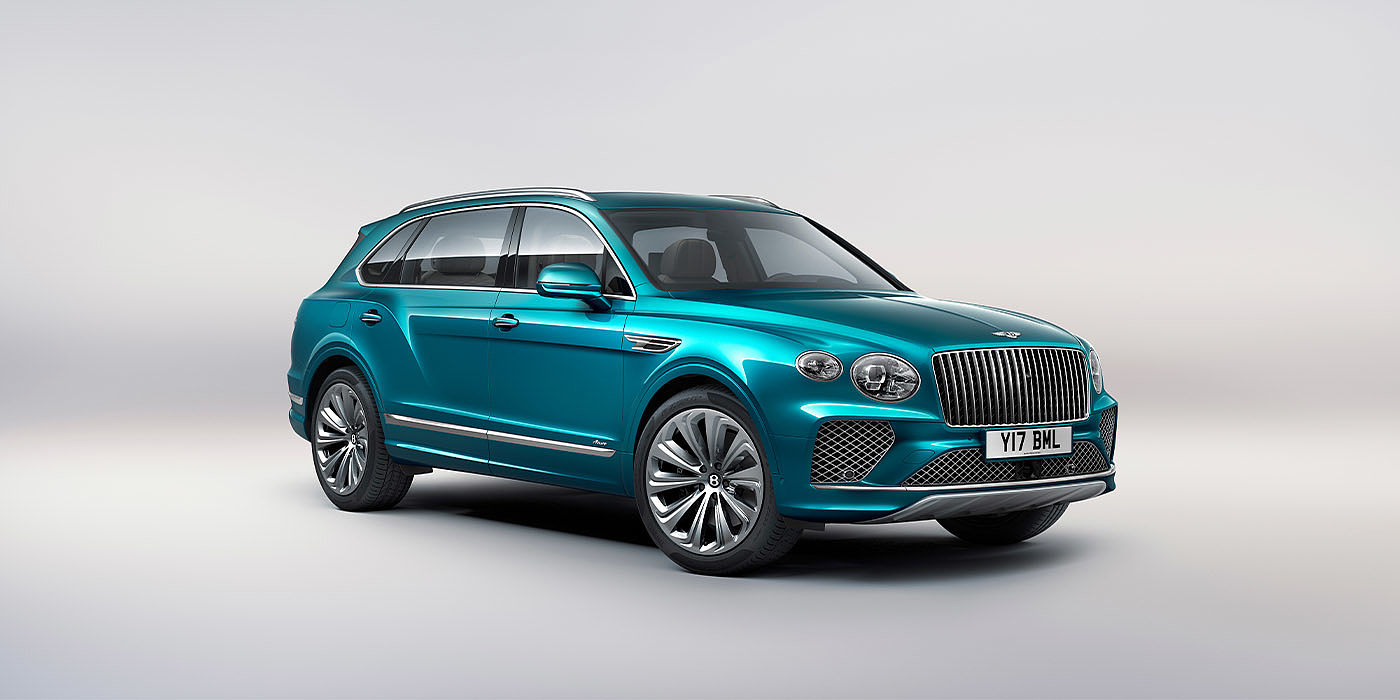 Bentley Hangzhou - Gongshu Bentley Bentayga EWB Azure front three-quarter view, featuring a fluted chrome grille with a matrix lower grille and chrome accents in Topaz blue paint.