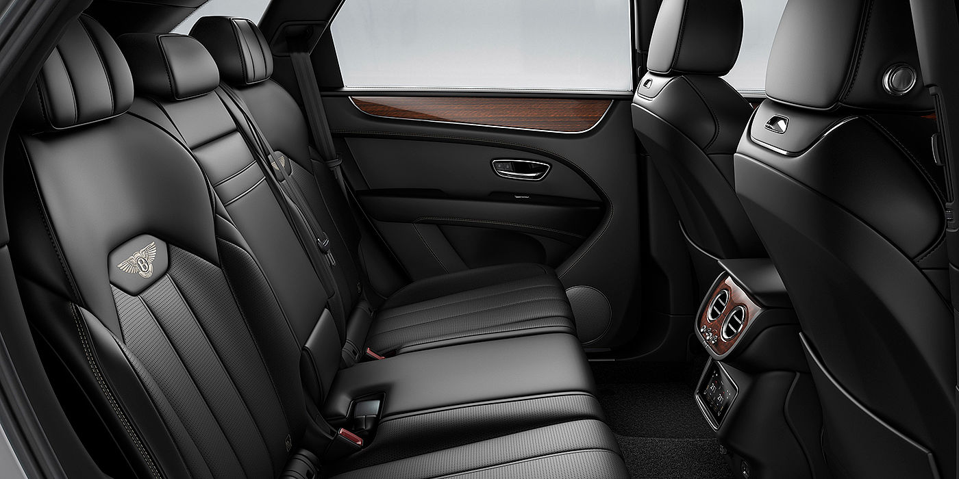 Bentley Hangzhou - Gongshu Bentey Bentayga interior view for rear passengers with Beluga black hide.