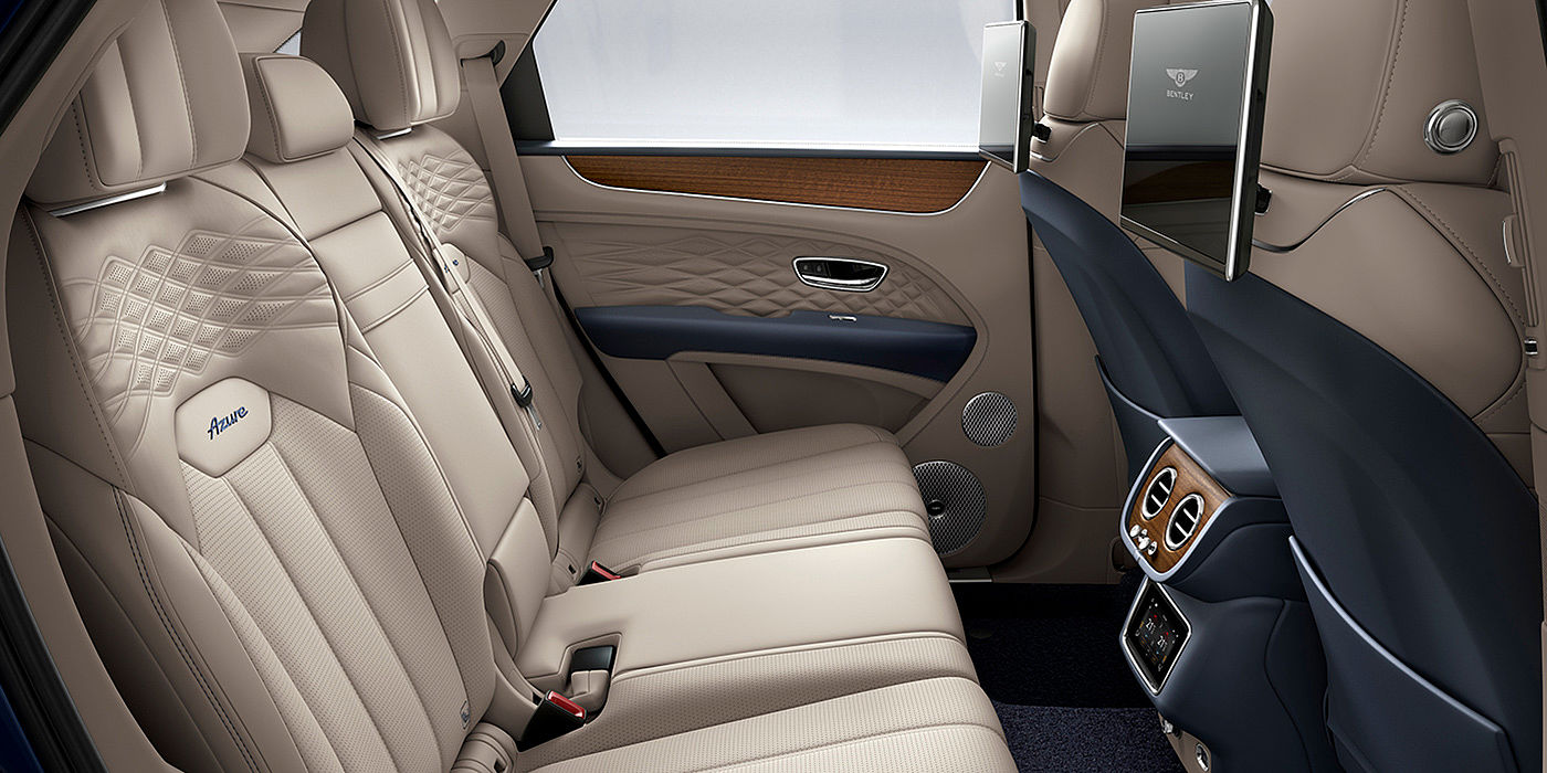 Bentley Hangzhou - Gongshu Bentey Bentayga Azure interior view for rear passengers with Portland hide and Rear Seat Entertainment. 